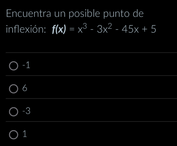 Encuentra un posible punto de
inflexión: f(x)=x^3-3x^2-45x+5
-1
6
-3
1