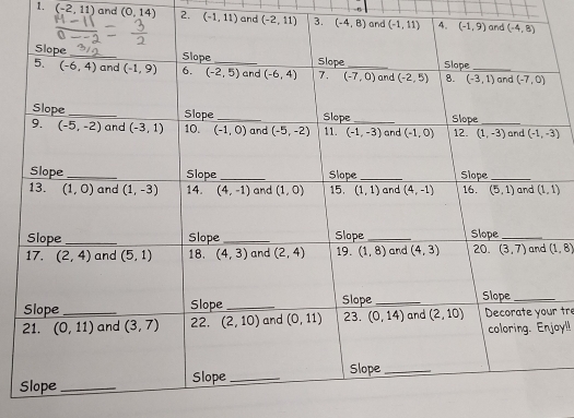 (-2,11) and (0,14) 2. (-1,11) and (-2,11) 3.
(1,8)
r tr
joy!!