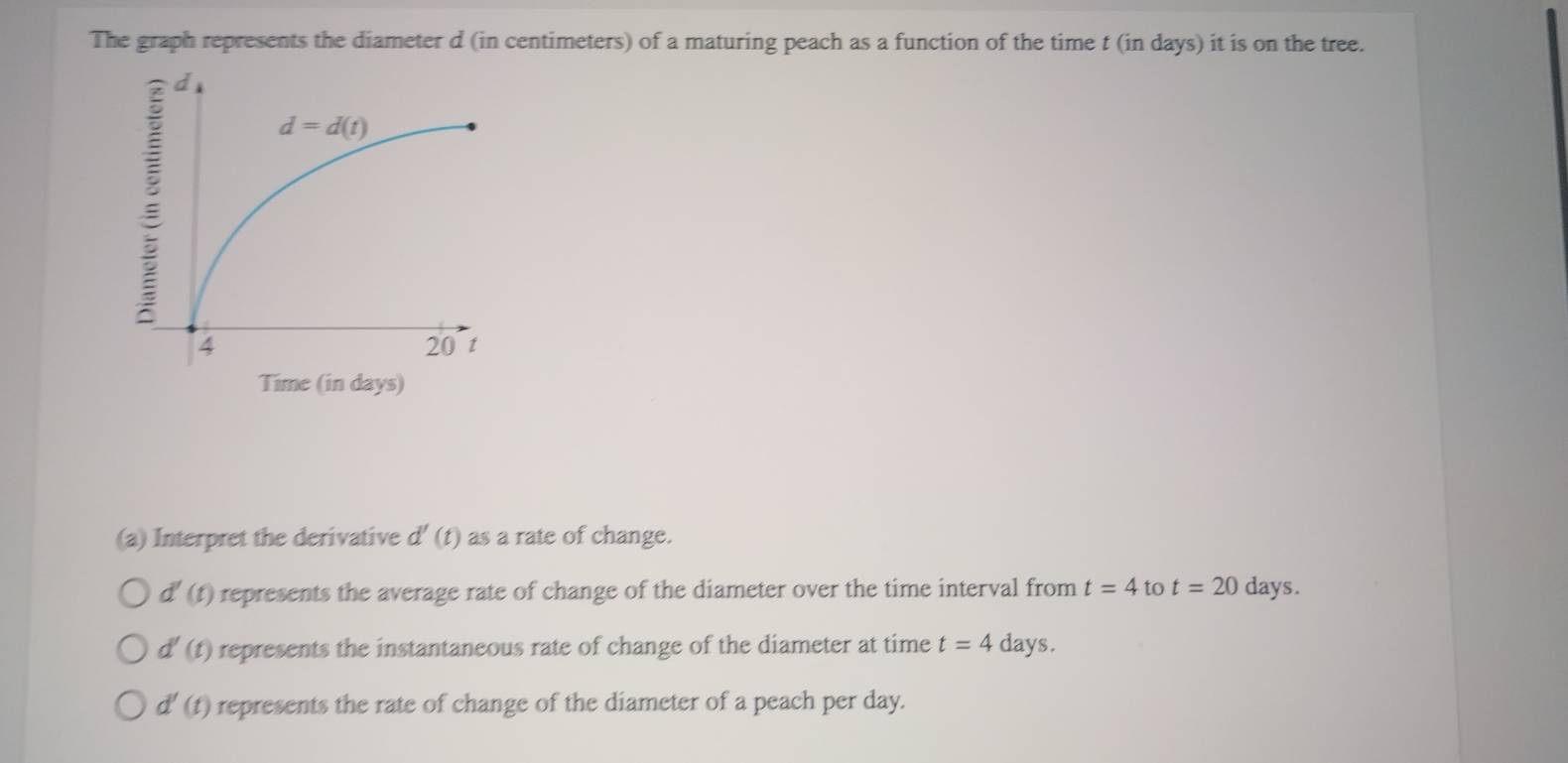 The graph represents the diameter d (in centimeters) of a maturing peach as a function of the time t (in days) it is on the tree.
(a) Interpret the derivative d' (t) as a rate of change.
d'(t) represents the average rate of change of the diameter over the time interval from t=4 to t=20 days.
d'(t) represents the instantaneous rate of change of the diameter at time t=4 days.
d'(t) represents the rate of change of the diameter of a peach per day.