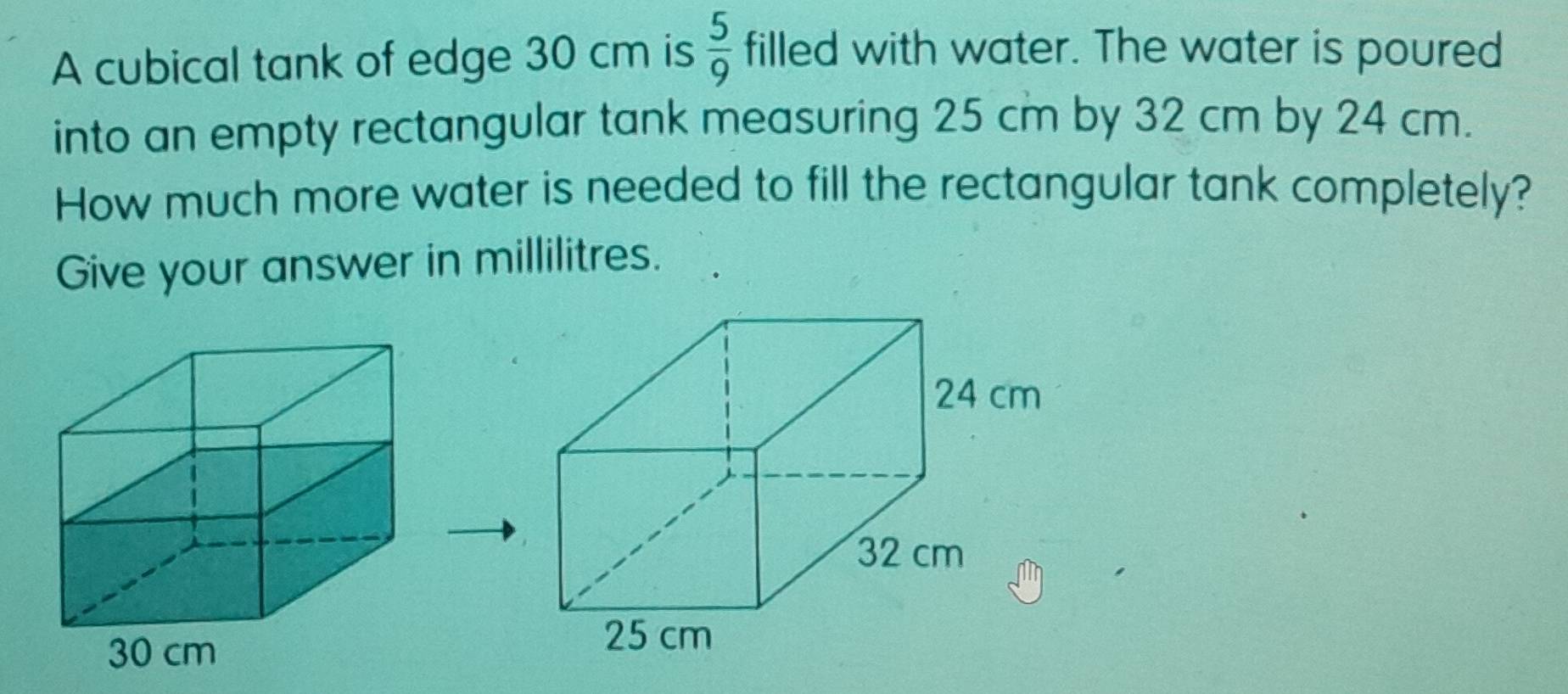 A cubical tank of edge 30 cm is  5/9  filled with water. The water is poured 
into an empty rectangular tank measuring 25 cm by 32 cm by 24 cm. 
How much more water is needed to fill the rectangular tank completely? 
Give your answer in millilitres.