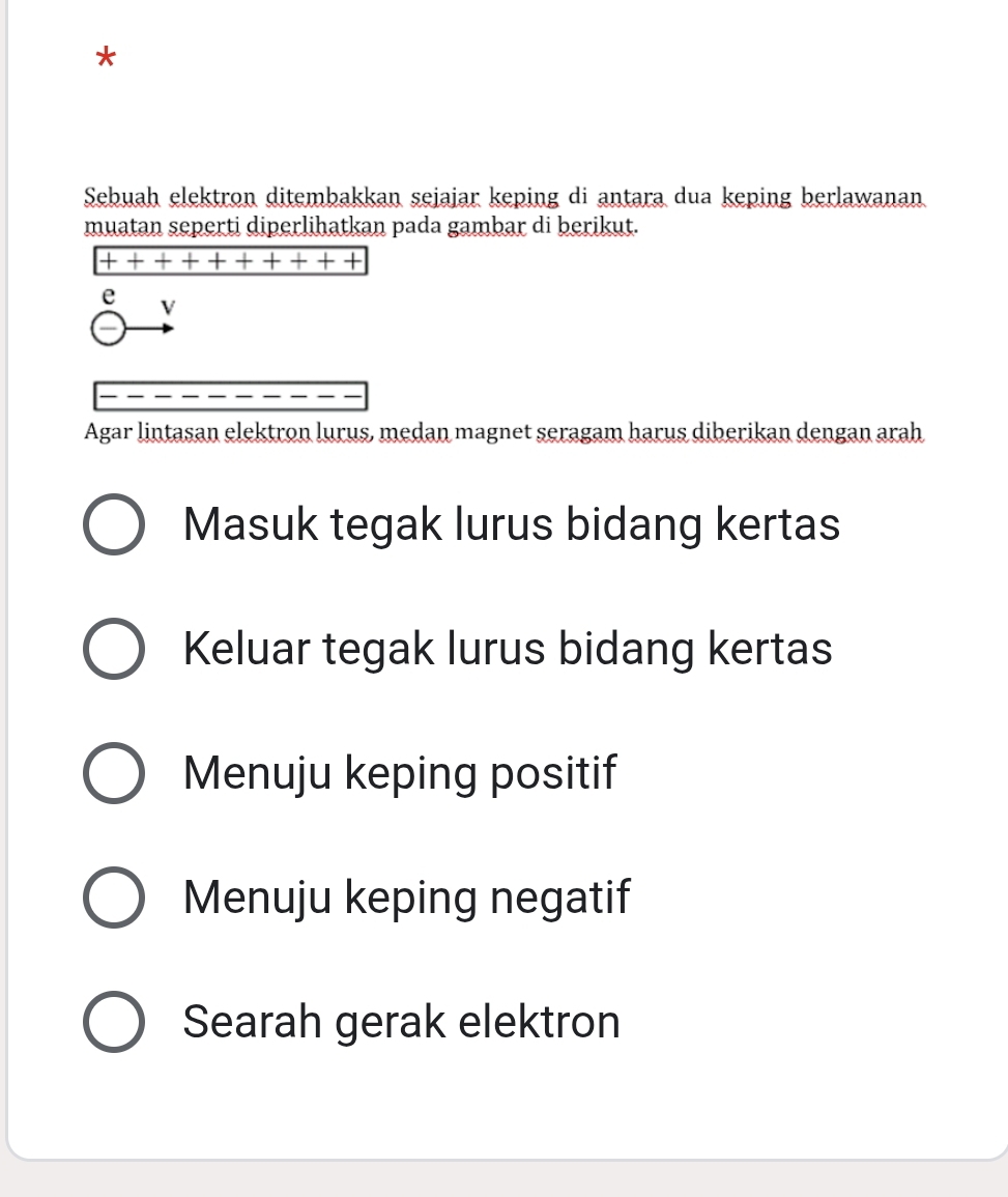 Sebuah elektron ditembakkan sejajar keping di antara dua keping berlawanan
muatan seperti diperlihatkan pada gambar di berikut.
e
V
Agar lintasan elektron lurus, medan magnet seragam harus diberikan dengan arah
Masuk tegak lurus bidang kertas
Keluar tegak lurus bidang kertas
Menuju keping positif
Menuju keping negatif
Searah gerak elektron