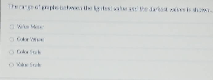 The range of graphs between the lightest value and the darkest values is shown..
Value Meter
Color Wheel
Color Scale
Value Scale