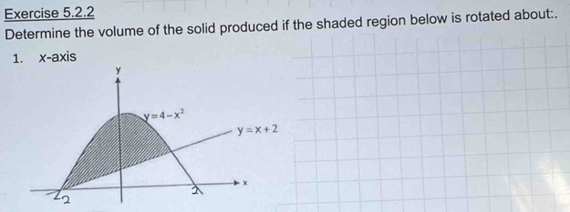 Determine the volume of the solid produced if the shaded region below is rotated about:.
1. x-axis