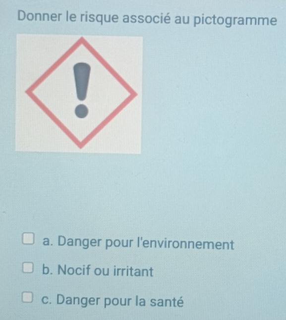 Résolu :Donner le risque associé au pictogramme a. Danger pour l ...