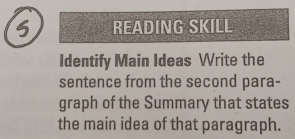 READING SKILL 
Identify Main Ideas Write the 
sentence from the second para- 
graph of the Summary that states 
the main idea of that paragraph.