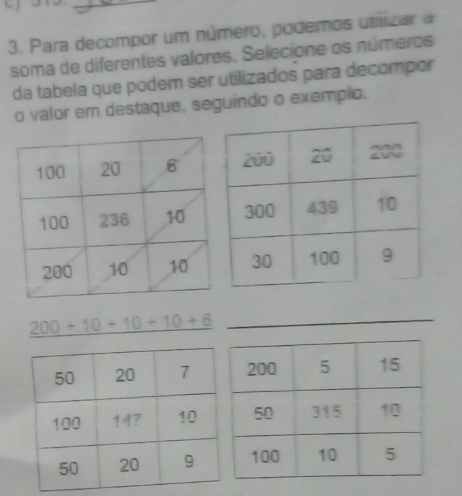 Para decompor um número, podemos utilizar a 
soma de diferentes valores. Selecione os números 
da tabela que podem ser utilizados para decompor 
o valor em destaque, seguindo o exemplo.
200+10+10+10+6 _