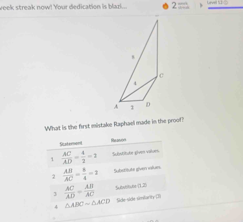 Level 12 ① 
week streak now! Your dedication is blazi... 2 week streak 
8 
c 
A 
A 2 D 
What is the frst mistake Raphael made in the proof? 
Statement Reason 
1  AC/AD = 4/2 =2 Substitute given values. 
2  AB/AC = 8/4 =2 Substitute given values. 
3  AC/AD = AB/AC  Substitute (1,2)
4 △ ABCsim △ ACD Side-side similarity (3)