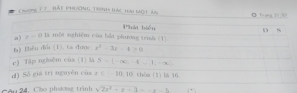 Chương 7 7 BÁT PHƯƠNG TRìNH BAC HAI MÔT AN
Câu 24. Cho phương trình sqrt(2x^2+x+3)=-x-5. (*)