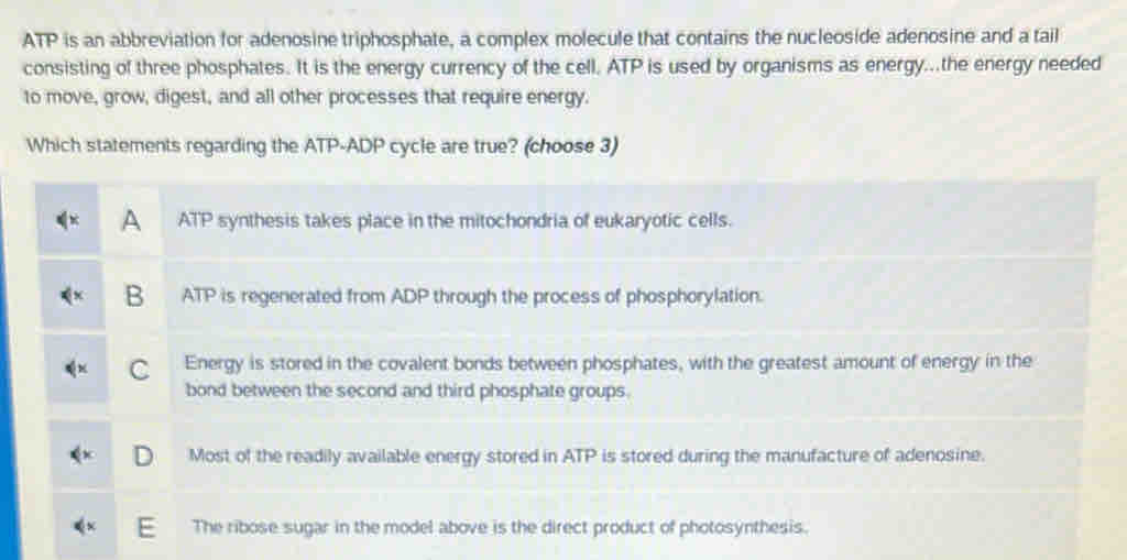 ATP is an abbreviation for adenosine triphosphate, a complex molecule that contains the nucleoside adenosine and a tail
consisting of three phosphates. It is the energy currency of the cell. ATP is used by organisms as energy...the energy needed
to move, grow, digest, and all other processes that require energy.
Which statements regarding the ATP-ADP cycle are true? (choose 3)
A ATP synthesis takes place in the mitochondria of eukaryotic cells.
B ATP is regenerated from ADP through the process of phosphorylation.
C Energy is stored in the covalent bonds between phosphates, with the greatest amount of energy in the
bond between the second and third phosphate groups.
Most of the readily available energy stored in ATP is stored during the manufacture of adenosine.
The ribose sugar in the model above is the direct product of photosynthesis.