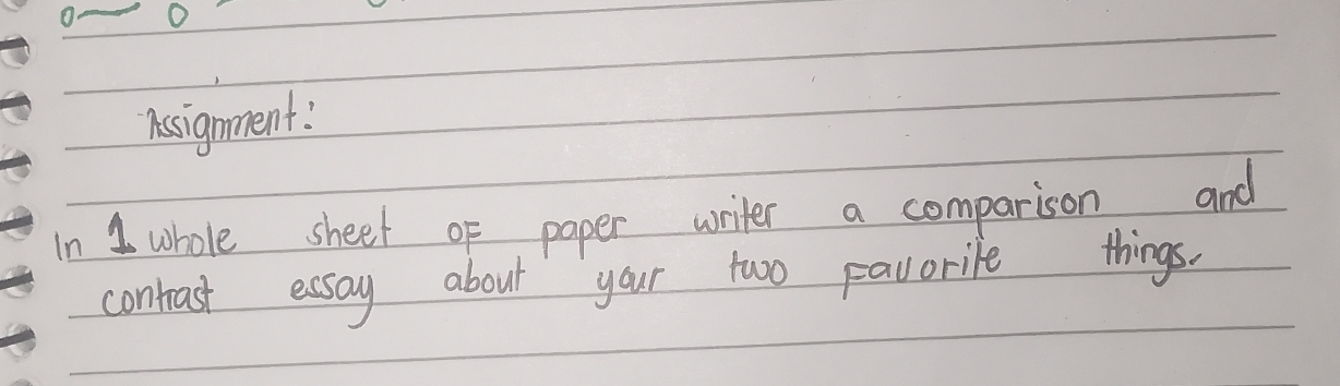 Aesignment! 
In 1 whole sheet of paper writer a comparison and 
contrast essay about your two pavorile things.