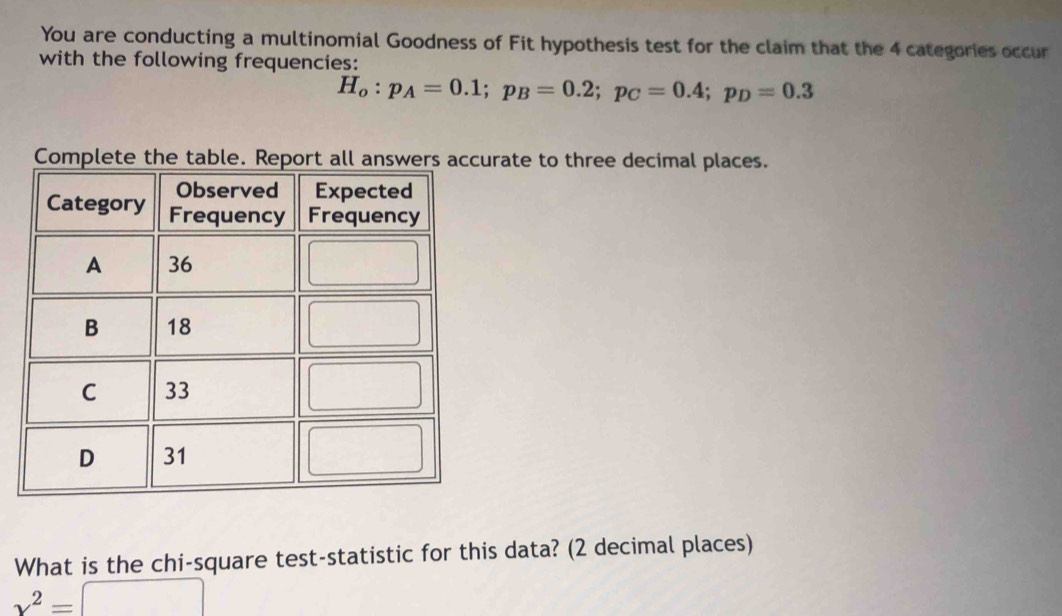 You are conducting a multinomial Goodness of Fit hypothesis test for the claim that the 4 categories occur 
with the following frequencies:
H_o:p_A=0.1; p_B=0.2; p_C=0.4; p_D=0.3
Complete the table. Report all answers accrate to three decimal places. 
What is the chi-square test-statistic for this data? (2 decimal places)
x^2=□