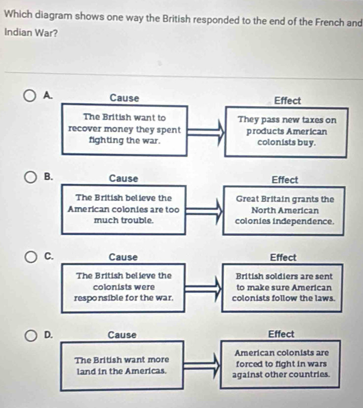 Which diagram shows one way the British responded to the end of the French and
Indian War?
A.
Cause Effect
The British want to They pass new taxes on
recover money they spent products American
fighting the war. colonists buy.
B. Cause Effect
The British believe the Great Britain grants the
American colonies are too North American
much trouble. colonies independence.
C. Cause Effect
The British believe the British soldiers are sent
colonists were to make sure American
responsible for the war. colonists follow the laws.
D. Cause Effect
American colonists are
The British want more
forced to fight in wars
land in the Americas. against other countries.