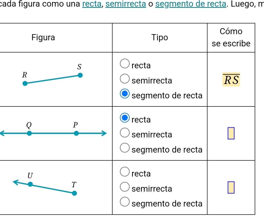 cada figura como una recta, semirrecta o segmento de recta. Luego, m