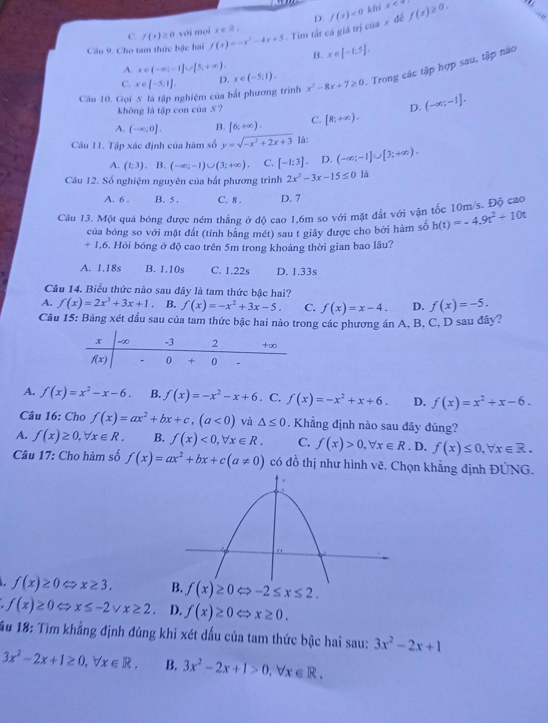 D. f(x)<0</tex> khí x≥ 4
Câu 9. Cho tam thức bậc hai f(x)=-x^2-4x+5. Tim tất cá giá trị của x đề f(x)≥ 0.., ,
C. f(x)≥ 0 với mọi xē g
B. x∈ [-1;5],
A. x∈ (-∈fty ;-1]∪ [5;+∈fty ).
Câu 10. Gọi S là tập nghiệm của bất phương trình x^2-8x+7≥ 0. Trong các tập hợp sau, tập nào
C. x∈ [-5:1]. D. x∈ (-5;1).
không là tập con của .S ? (-∈fty ;-1].
D.
A. (-∈fty ;0]. B. [6;+∈fty ). C. [8;+∈fty ).
Câu 11. Tập xác định của hàm số y=sqrt(-x^2+2x+3) là:
A. (1:3). B. (-∈fty ;-1)∪ (3;+∈fty ). C. [-1:3] D. (-∈fty ;-1]∪ [3;+∈fty ).
Câu 12. Số nghiệm nguyên của bất phương trình 2x^2-3x-15≤ 0 là
A. 6 . B. 5 . C. 8 . D. 7
Câu 13. Một quả bóng được ném thẳng ở độ cao 1,6m so với mặt đất với vận tốc 10m/s. Độ cao
của bóng so với mặt đất (tính bằng mét) sau t giây được cho bởi hàm số h(t)=-4,9t^2+10t
+ 1,6. Hỏi bóng ở độ cao trên 5m trong khoảng thời gian bao lâu?
A. 1.18s B. 1.10s C. 1.22s D. 1.33s
Câu 14. Biểu thức nào sau dây là tam thức bậc hai?
A. f(x)=2x^3+3x+1. B. f(x)=-x^2+3x-5. C. f(x)=x-4. D. f(x)=-5.
Câu 15: Bảng xét dấu sau của tam thức bậc hai nào trong các phương án A, B, C, D sau đây?
A. f(x)=x^2-x-6. B. f(x)=-x^2-x+6. C. f(x)=-x^2+x+6. D. f(x)=x^2+x-6.
Câu 16: Cho f(x)=ax^2+bx+c,(a<0) và △ ≤ 0. Khẳng định nào sau đây đúng?
A. f(x)≥ 0,forall x∈ R. B. f(x)<0,forall x∈ R. C. f(x)>0,forall x∈ R. D. f(x)≤ 0,forall x∈ R.
Câu 17: Cho hàm số f(x)=ax^2+bx+c(a!= 0) có đồ thị như hình vẽ. Chọn khẳng định ĐÚNG.
f(x)≥ 0Leftrightarrow x≥ 3.
B. f(x)≥ 0 Leftrightarrow -2≤ x≤ 2.
f(x)≥ 0Leftrightarrow x≤ -2vee x≥ 2. D. f(x)≥ 0Leftrightarrow x≥ 0.
ấu 18: Tìm khẳng định đúng khi xét dấu của tam thức bậc hai sau: 3x^2-2x+1
3x^2-2x+1≥ 0,forall x∈ R, B. 3x^2-2x+1>0.. b x∈ R.