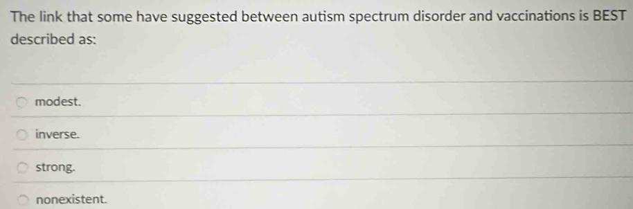 The link that some have suggested between autism spectrum disorder and vaccinations is BEST
described as:
modest.
inverse.
strong.
nonexistent.