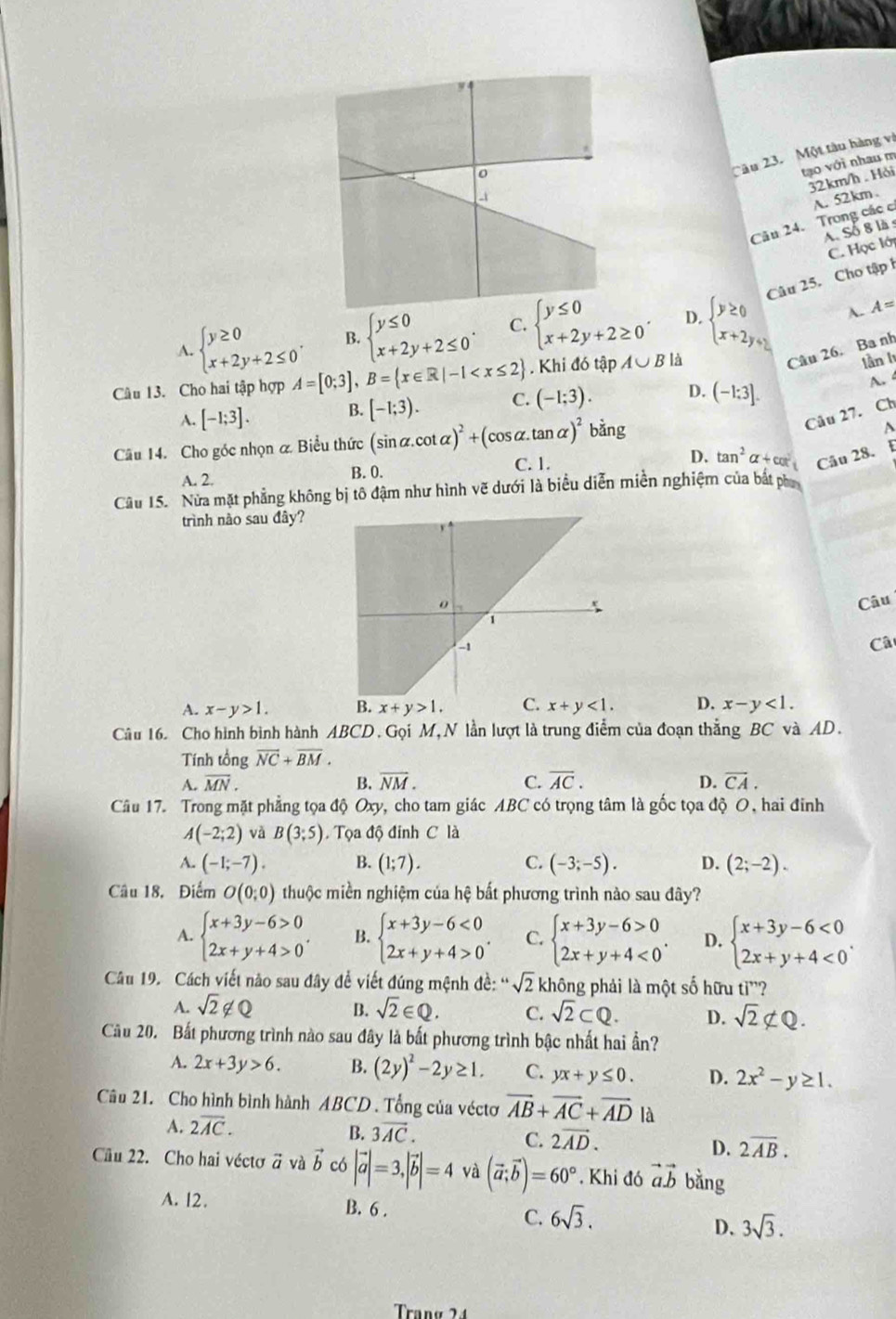 Một tàu hàng và
tạo với nhau m
32km/h . Hỏi
Câu 24. Trong các c A. 52km、
A. Số 8 là
C. Học lới
Câu 25. Cho tập
A. beginarrayl y≥ 0 x+2y+2≤ 0endarray. . B. beginarrayl y≤ 0 x+2y+2≤ 0endarray. . C. beginarrayl y≤ 0 x+2y+2≥ 0endarray. . D. beginarrayl y≥ 0 x+2y+2endarray. A.
A=
Câu 13. Cho hai tập hợp A=[0;3],B= x∈ R|-1 . Khi đó tập A∪ B là
Câu 26. Ba nh
lần l
A. [-1;3]. B. [-1;3). C. (-1;3). D. (-1:3].
A. 
Câu 14. Cho góc nhọn & Biểu thức (: (sin alpha .cot alpha )^2+(cos alpha .tan alpha )^2bing
Câu 27. Ch
A
A. 2. B. 0. C. 1. D. tan^2alpha +cot Câu 28.
Câu 15. Nửa mặt phẳng không bị tô đậm như hình vẽ dưới là biểu diễn miền nghiệm của bắt ph
trình nào sau đây?
Câu
Câ
A. x-y>1. B. x+y>1. C. x+y<1. D. x-y<1.
Câu 16. Cho hình bình hành ABCD. Gọi M, N lần lượt là trung điểm của đoạn thắng BC và AD.
Tính tổng overline NC+overline BM.
A. overline MN. B. overline NM. C. overline AC. D. overline CA.
Câu 17. Trong mặt phẳng tọa độ Oxy, cho tam giác ABC có trọng tâm là gốc tọa độ O, hai đinh
A(-2;2) và B(3;5). Tọa độ đinh C là
A. (-1;-7). B. (1;7). C. (-3;-5). D. (2;-2).
Câu 18. Điểm O(0;0) thuộc miền nghiệm của hệ bất phương trình nào sau đây?
A. beginarrayl x+3y-6>0 2x+y+4>0endarray. . B. beginarrayl x+3y-6<0 2x+y+4>0endarray. . C. beginarrayl x+3y-6>0 2x+y+4<0endarray. . D. beginarrayl x+3y-6<0 2x+y+4<0endarray. .
Câu 19. Cách viết nào sau đây đề viết đúng mệnh đề: “ sqrt(2) không phải là một số hữu tỉ'?
A. sqrt(2)∉ Q B. sqrt(2)∈ Q. C. sqrt(2)CQ. D. sqrt(2)∉ Q.
Câu 20. Bất phương trình nào sau đây là bất phương trình bậc nhất hai ần?
A. 2x+3y>6. B. (2y)^2-2y≥ 1. C. yx+y≤ 0. D. 2x^2-y≥ 1.
Câu 21. Cho hình bình hành ABCD . Tổng của véctơ vector AB+vector AC+vector AD là
A. 2overline AC.
B. 3vector AC.
C. 2vector AD.
D. 2overline AB.
Cầu 22. Cho hai véctơ vector a và vector b có |vector a|=3,|vector b|=4 và (vector a;vector b)=60°. Khi đó vector avector b bằng
A. l2. B. 6 .
C. 6sqrt(3).
D. 3sqrt(3).
Trang 24