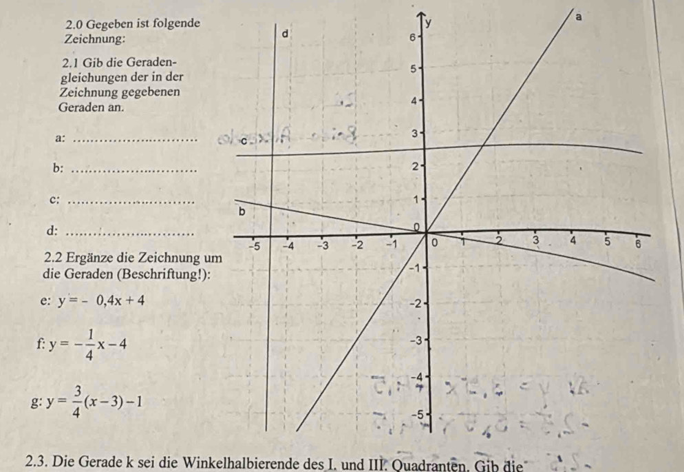 2.0 Gegeben ist folgende y
a
Zeichnung:
2.1 Gib die Geraden-
gleichungen der in der
Zeichnung gegebenen
Geraden an.
a:_
b:_
c:_
d:_
2.2 Ergänze die Zeichnung u
die Geraden (Beschriftung!):
e: y=-0, 4x+4
f: y=- 1/4 x-4
g: y= 3/4 (x-3)-1
2.3. Die Gerade k sei die Winkelhalbierende des I. und III. Quadranten. Gib die