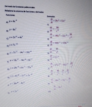 Derivada de funciones polinomiales 
Relaciona la columna de funciones y derivadas 
Funciones Derivadas 
A) y=4x^(-4)
 dv/dx =20x^2+12x^2
1) 
2  dy/dx =- 84/x^(13) 
B) y=8x^7
C) y=2x^(20)+4x^3
 dy/dx =-96x^(15)-22x^(10)- 30/x^(10) 
3) 
D) y=7x^(-12)
40  dy/dx =360x^(1/)=120x^(1/4)
E) y-5x^(12)-14x^3+10x^(-3) 5)  dr/dx =- 16/3 
F  y=16x^(17)-14x^(13)+4x^(-1) 6)  dy/dx =22x^(10)
6 y=20x^(-2)+6x^(-1)-11x^(-9)  dy/dx =272x^2-182x^3- 29/x^4 
H) y=-6x^(18)-2x^(12)+2x^(-22)  dy/dx = 40/t^2 = 24/x + 90/x^2 
8)
v=20x^(22)-8x^(10) 99  A/dv =60^(30)=70°= 30/t^2 
 4/a-9 
K j y=2x^(12)
10