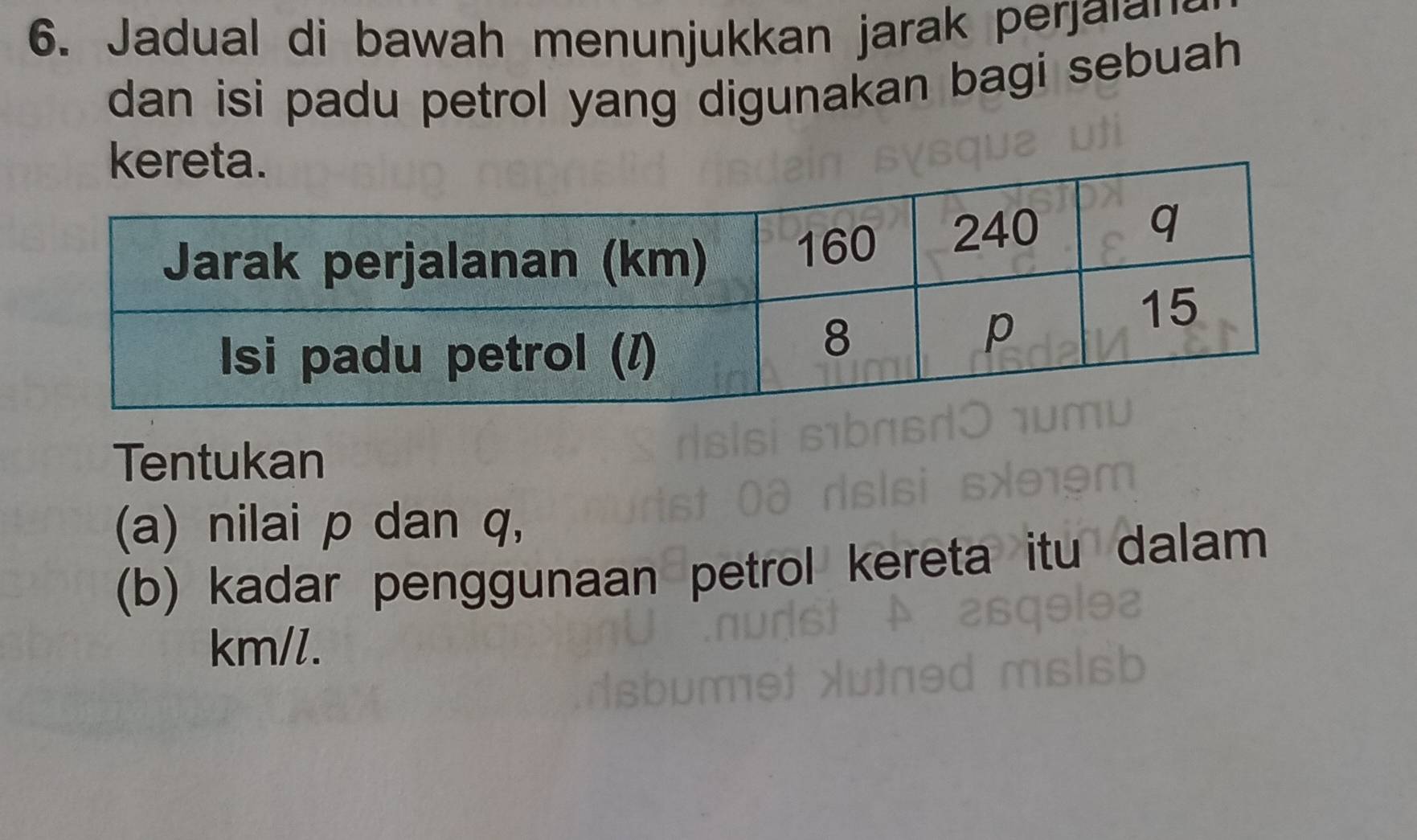 Jadual di bawah menunjukkan jarak perjai 
dan isi padu petrol yang digunakan bagi sebuah 
Tentukan 
(a) nilai p dan q, 
(b) kadar penggunaan petrol kereta itu dalam
km/l.