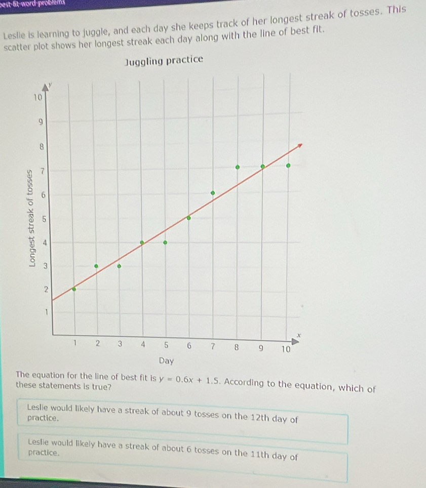 best-fit word problems 
Leslie is learning to juggle, and each day she keeps track of her longest streak of tosses. This
scatter plot shows her longest streak each day along with the line of best fit.
ctice
The equation for the line of best fit is y=0.6x+1.5. According to the equation, which of
these statements is true?
Leslie would likely have a streak of about 9 tosses on the 12th day of
practice.
Leslie would likely have a streak of about 6 tosses on the 11th day of
practice.