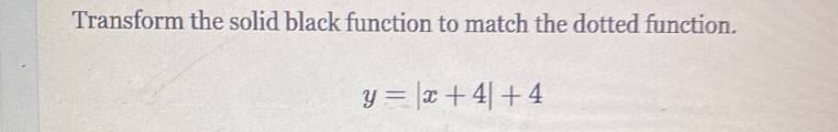 Transform the solid black function to match the dotted function.
y=|x+4|+4