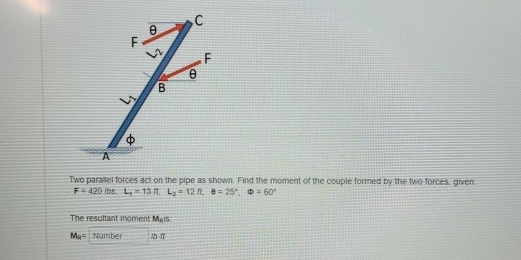 Two paraltel forces act on the pipe as shown. Find the moment of the couple formed by the two forces, given
F=420lbs. L_1=13ft, L_2=12ft, θ =25°, varphi =60°
The resultant moment Mais
M_H= tiumbe □ 10