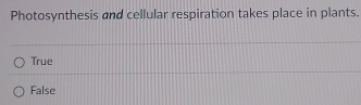 Photosynthesis and cellular respiration takes place in plants.
True
False