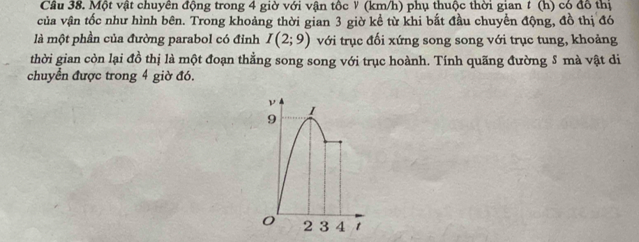 Cầu 38. Một vật chuyên động trong 4 giờ với vận tốc ½ (km/h) phụ thuộc thời gian # (h) có đô thị 
của vận tốc như hình bên. Trong khoảng thời gian 3 giờ kể từ khi bắt đầu chuyển động, đồ thị đó 
là một phần của đường parabol có đỉnh I(2;9) với trục đối xứng song song với trục tung, khoảng 
thời gian còn lại đồ thị là một đoạn thẳng song song với trục hoành. Tính quãng đường S mà vật di 
chuyển được trong 4 giờ đó.