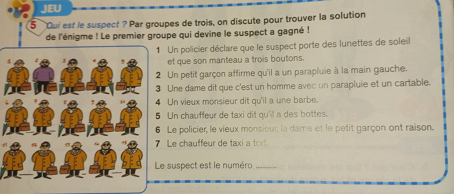 JEU
5 Qui est le suspect ? Par groupes de trois, on discute pour trouver la solution
de l'énigme ! Le premier groupe qui devine le suspect a gagné !
Un policier déclare que le suspect porte des lunettes de soleil
et que son manteau a trois boutons.
Un petit garçon affirme qu'il a un parapluie à la main gauche.
Une dame dit que c'est un homme avec un parapluie et un cartable.
Un vieux monsieur dit qu'il a une barbe.
Un chauffeur de taxi dit qu'il a des bottes.
Le policier, le vieux monsieur, la dame et le petit garçon ont raison.
1 Le chauffeur de taxi a tort.
e suspect est le numéro ..........