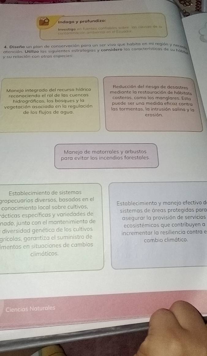 Indago y profundizo:
Investigo en fuentes confíables sobre, las cousas de la
contaminación ambiental en el Ecuador
4. Diseño un plan de conservación para un ser vivo que habita en mi región y necess
atención. Utifizo las siguientes estrategias y considero las características de su hábita
y su relación con otras especies
Reducción del riesgo de desastres
Manejo integrado del recurso hídrico mediante la restauración de hábitats
reconociendo el rol de las cuencas costeros, como los manglares. Esta
hidrográficas, los bosques y la puede ser una medida eficaz contra
vegetación asociada en la regulación las tormentas, la intrusión salina y la
de los flujos de agua. erosión.
Manejo de matorrales y arbustos
para evitar los incendios forestales.
Establecimiento de sistemas
gropecuaríos diversos, basados en el
conocimiento local sobre cultivos, Establecimiento y manejo efectivo d
rácticas específicas y variedades de sistemas de áreas protegidas para
nado, junto con el mantenimiento de asegurar la provisión de servicios
diversidad genética de los cultivos ecosistémicos que contribuyen a
grícolas, garantiza el suministro de incrementar la resiliencia contra e
imentos en situaciones de cambios cambio climático.
climáticos.
Ciencias Naturales