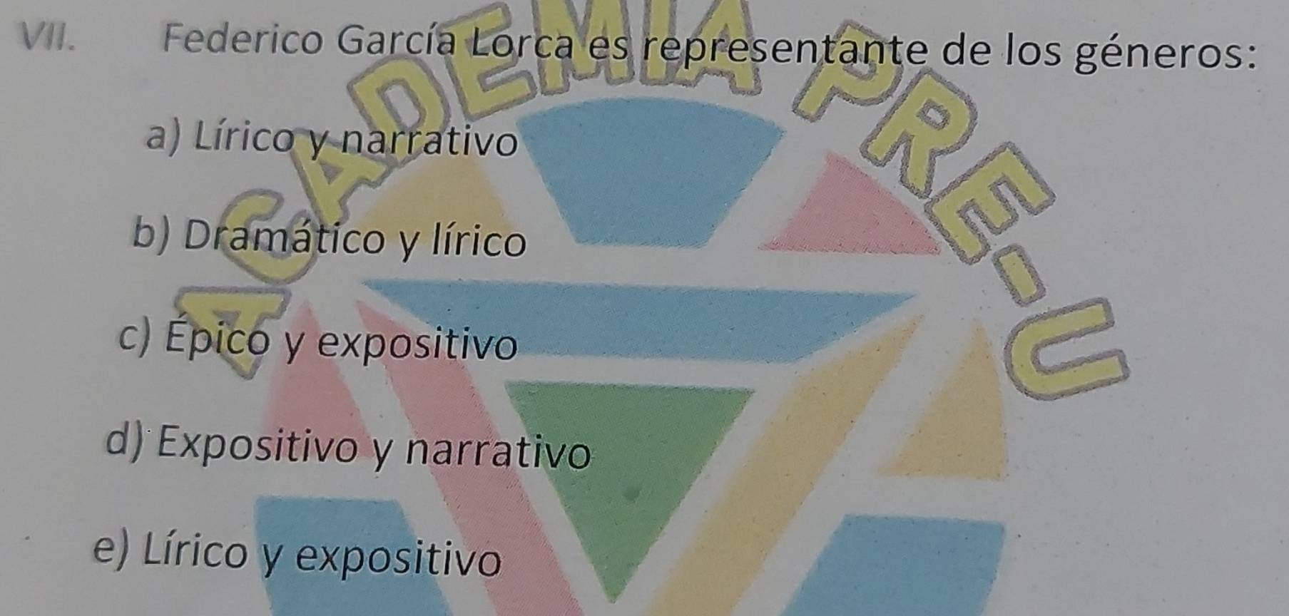 Federico García Lorca es representante de los géneros:
a) Lírico y narrativo
b) Dramático y lírico
c) Épico y expositivo
d) Expositivo y narrativo
e) Lírico y expositivo