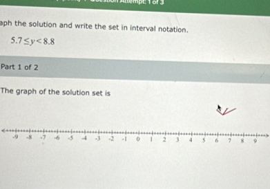 aph the solution and write the set in interval notation.
5.7≤ y<8.8
Part 1 of 2 
The graph of the solution set is