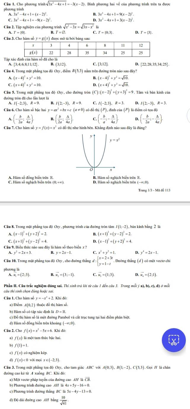 Cho phương tr rinhsqrt(3x^2-4x+1)=-3(x-2). Bình phương hai về của phương trình trên ta được
phương trình
A. 3x^2-4x+1=(x-2)^2. B. 3x^2-4x+1=9(x-2)^2.
C. 3x^2-4x+1=-9(x-2)^2. 3x^2-4x+1=3(x-2)^2.
D.
Câu 2. Tập nghiệm của phương trình sqrt(x^2-3x)=sqrt(3x-x^2) là
A. T= 0 . B. T=varnothing . C. T= 0;3 . D. T= 3 .
Câu 3. Cho hảm số 
Tập x
A.  3;4;6;8;11;12 B. (3;12). C. [3;12]. D.  22;28;35;34;25 .
Câu 4. Trong mặt phẳng tọa độ Oxy , điểm B(5;3) nằm trên đường tròn nảo sau đây?
A. (x-4)^2+y^2=10. B. (x-4)^2+y^2=sqrt(10).
C. (x+4)^2+y^2=10. D. (x+4)^2+y^2=sqrt(10).
Câu 5, Trong mặt phẳng tọa độ Oxy, cho đường tròn (C) (x-2)^2+(y+3)^2=9. Tâm và bản kính của
đường tròn đã cho lần lượt là
A. I(-2;3),R=9. B. I(2;-3),R=9. C. I(-2;3),R=3. D. I(2;-3),R=3.
Câu 6. Cho hàm số bậc hai y=ax^2+bx+c(a!= 0) có đồ thị (P), đinh của (P) là điểm có tọa độ
A. (- b/2a ; △ /4a ). B. ( b/2a ; △ /4a ). c (- b/a ;- △ /4a ). D. (- b/2a ;- △ /4a ).
Câu 7. Cho hàm số y=f(x)=x^2 có đồ thị như hình bên. Khẳng định nào sau đây là đúng?
A. Hàm số đồng biến trên R. B. Hàm số nghịch biến trên R.
C. Hàm số nghịch biến trên (0;+∈fty ). D. Hàm số nghịch biển trên (-∞;0).
Trang 1/3 - Mã đề 113
Câu 8. Trong mặt phẳng tọa độ Oxy, phương trình của đường tròn tâm I(1;-2) , bán kính bằng 2 là
A. (x-1)^2+(y+2)^2=2. (x+1)^2+(y-2)^2=2.
B.
C. (x+1)^2+(y-2)^2=4. D. (x-1)^2+(y+2)^2=4.
Câu 9. Biểu thức nào sau đây là hàm số theo biển x ?
A. y^2=2x+3. B. y=2x-1. C. x^2+y^2=1. D. y^4=2x-1.
Câu 10. Trong mặt phẳng tọa độ Oxy , cho đường thẳng ư : beginarrayl x=2+3t y=1-tendarray.. Đường thẳng (d) có một vectơ chi
phương là
A. vector u_1=(2;3). B. vector u_2=(3;-1). C. vector u_3=(1;3). D. vector u_4=(2;1).
Phần II, Câu trắc nghiệm đúng sai, Thi sinh trả lời từ câu 1 đến câu 3. Trong mỗi ý y'a),b),c),d) ở mỗi
câu thí sinh chọn đúng hoặc sai.
Câu 1. Cho hàm số y=-x^2+2. 2. Khi đó:
a) Điểm A(0,2) thuộc đồ thị hàm số,
b) Hàm số có tập xác định là D=R.
c) Đồ thị hàm số là một đường Parabol và cắt trục tung tại hai điểm phân biệt.
d) Hàm số đồng biển trên khoảng (-∈fty ;0).
Câu 2. Cho f(x)=x^2-5x+6. Khi đó:
a) f(x) là một tam thức bậc hai.
b) f(1)=1.
c) f(x) có nghiệm kép.
d) f(x)<0</tex> với mọi x∈ (-2;3).
Câu 3. Trong mặt phẳng tọa độ Oxy, cho tam giác ABC với A(0;3),B(1;-2),C(5;3). Gọi H là chân
đường cao kê từ A xuống BC. Khi đó:
a) Một vectơ pháp tuyển của đường cao . AH|aoverline CB.
b) Phương trình đường cao AH là 4x+5y-16=0.
c) Phương trình đường thắng BC là 5x-4y-13=0.
d) Độ dài đường cao AH bằng  10/sqrt(41) .