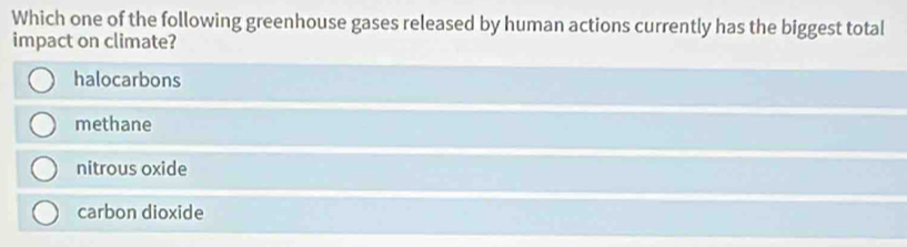 Which one of the following greenhouse gases released by human actions currently has the biggest total
impact on climate?
halocarbons
methane
nitrous oxide
carbon dioxide