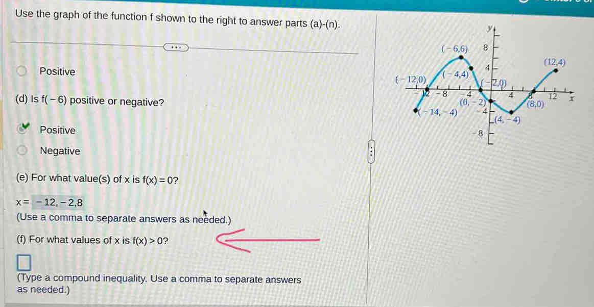 Use the graph of the function f shown to the right to answer parts (a)-(n).
Positive 
(d) Is f(-6) positive or negative?
Positive
Negative
(e) For what value(s) of x is f(x)=0 ?
x=-12,-2,8
(Use a comma to separate answers as needed.)
(f) For what values of x is f(x)>0 ?
(Type a compound inequality. Use a comma to separate answers
as needed.)