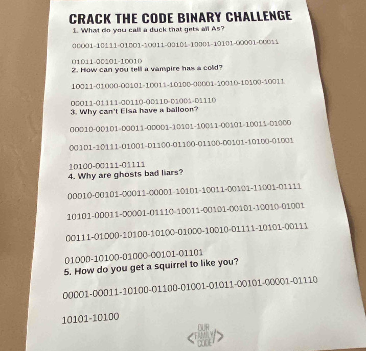 Solved: CRACK THE CODE BINARY CHALLENGE 1. What do you call a duck that ...