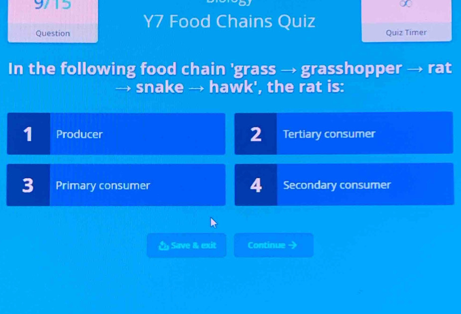 9715
Y7 Food Chains Quiz
Question Quiz Timer
In the following food chain 'grass → grasshopper - rat
snake → hawk', the rat is:
1 Producer 2 Tertiary consumer
4
3 Primary consumer Secondary consumer
Save & exit Continue