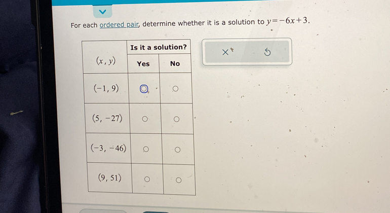 For each ordered pair, determine whether it is a solution to y=-6x+3.
d°