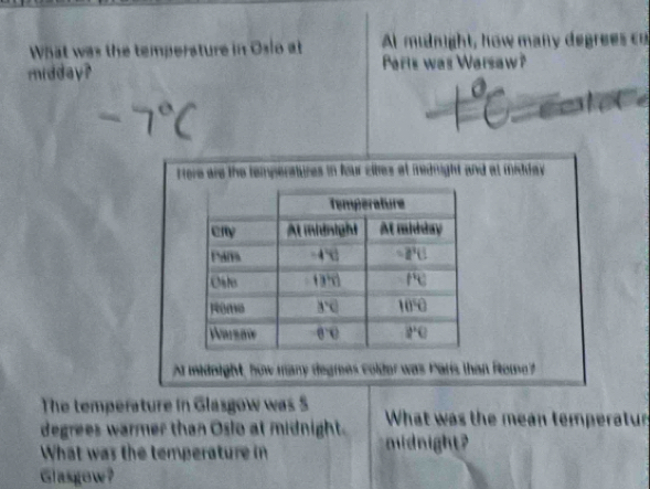 What was the temperature in Osio at Al minight , how man   degre e  co
midday? Parie was Warsaw?
Hore are the tempenatures in four cites of mednight and at midday 
midnight, how many degrees colder was Paris than Rome
The temperature in Glasgow was 5
degrees warmer than Oslo at midnight.  What was the mean temperatur
What was the temperature in midnight?
Glasgow?