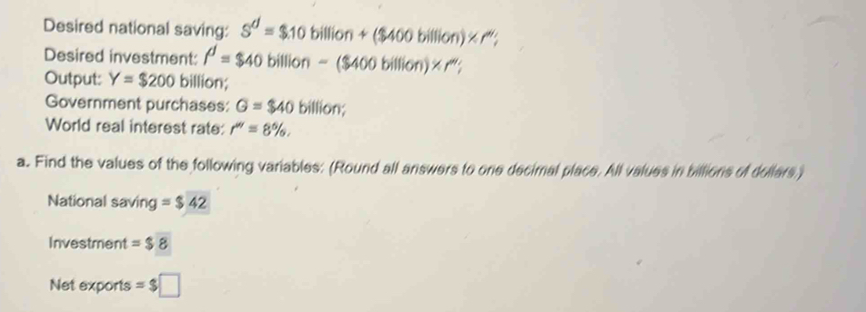 Desired national saving: s^d=$10billion+($400billion)* r^w; 
Desired investment: f^d=$40billion-($400billion)* r^w; 
Output: Y=$200 billion; 
Government purchases: G=$40 billion; 
World real interest rate: r''=8% , 
a. Find the values of the following variables: (Round all answers to one decimal place. All values in billions of dollers) 
National saving =$42
Investment =$8
Net exports =$□