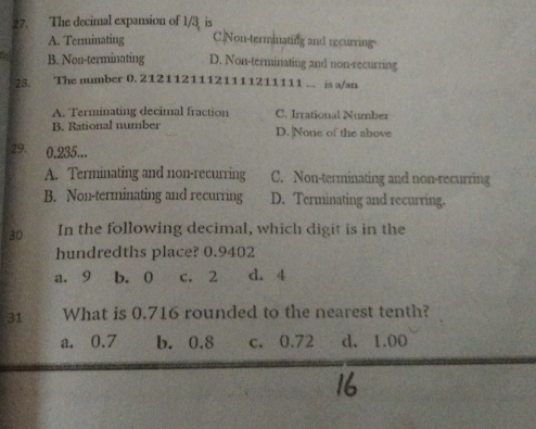 Solved: The decimal expansion of 1/3 is A. Terminating C.Non ...