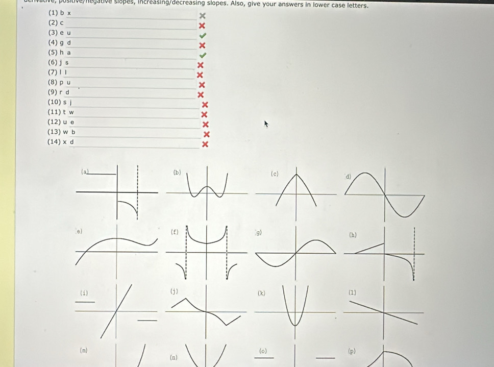 positive/negative slopes, increasing/decreasing slopes. Also, give your answers in lower case letters. 
(1) b x
x
(2) c
(3) eu
(4) g d
(5) h a
(6) js
(7) 11
(8) p u
(9) r d 
(10) s j
(11) t w
(12) u e
x
(13) w b 
(14) xd
x

(m) (o) (p) 
(n) 
_