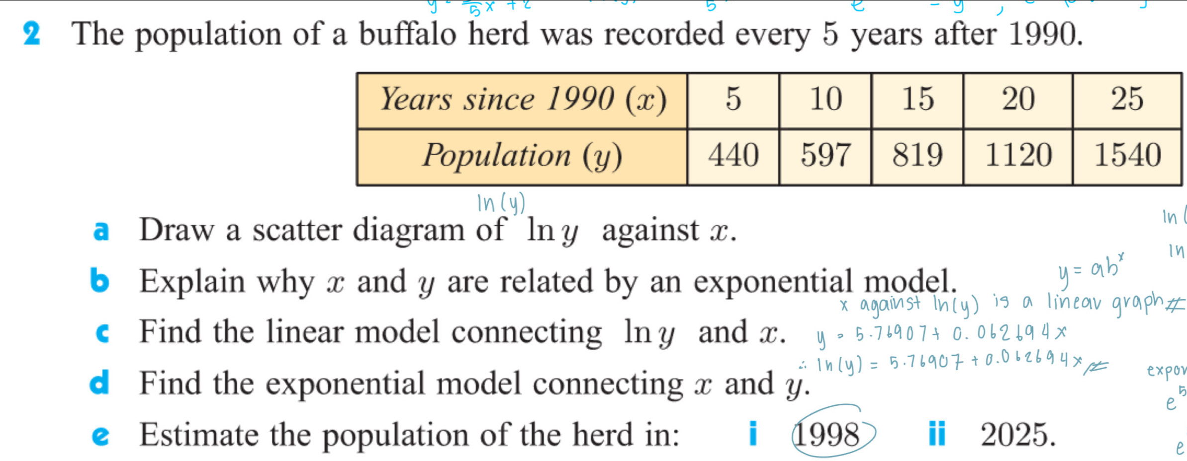 The population of a buffalo herd was recorded every 5 years after 1990. 
a Draw a scatter diagram of ln y against x. 
In 
1η 
b Explain why x and y are related by an exponential model. 
€ Find the linear model connecting ln y and x. 
d Find the exponential model connecting x and y. 
€ Estimate the population of the herd in: i 1998 ⅱ2025. 
e