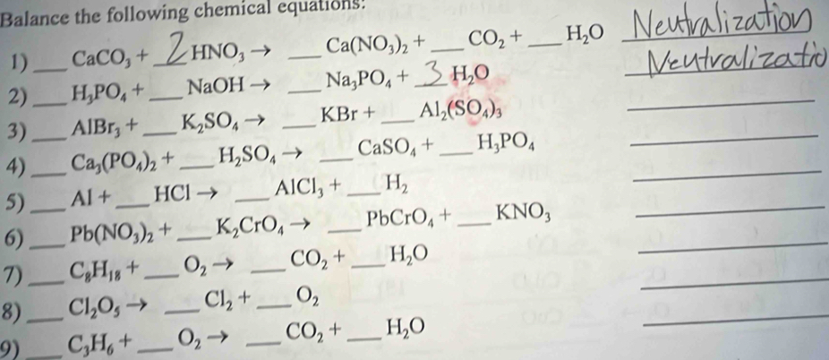 Balance the following chemical equations! 
1)_ CaCO_3+ _  HNO_3 _ Ca(NO_3)_2+ _  CO_2+ _ H_2O __ 
2) H_3PO_4+ _  NaOH _ Na_3PO_4+ _ H_2O _ 
3)_ AlBr_3+ _ K_2SO_4 _ KBr+ _ Al_2(SO_4)_3 _ 
4)__ Ca_3(PO_4)_2+ _ H_2SO_4 _ CaSO_4+ _ H_3PO_4 _ 
5) AI+ _ HCl _  AlCl_3+ _ H_2
6)__ Pb(NO_3)_2+ _ K_2CrO_4 - _ PbCrO_4+ _ KNO_3 __ 
_ 
7)_ C_8H_18+ _ O_2 _ CO_2+ _ H_2O
_ 
8)_ Cl_2O_5 _ Cl_2+ _ O_2
9) _ C_3H_6+ _ O_2 _ CO_2+ _ H_2O