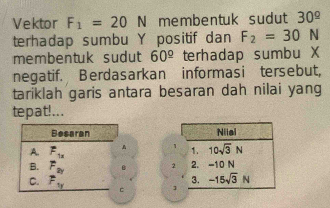 Vektor F_1=20 18 I membentuk sudut 30^(_ circ)
terhadap sumbu Y positif dan F_2=30° N
membentuk sudut 60^(_ circ) terhadap sumbu X
negatif. Berdasarkan informasi tersebut,
tariklah garis antara besaran dah nilai yang
te p at! ...
Besaran Niial
A. F_1x
A 1 1. 10sqrt(3)N
B. F_2y 2. -10 N
B 2
C. F_1y
3. -15sqrt(3)N
C 3