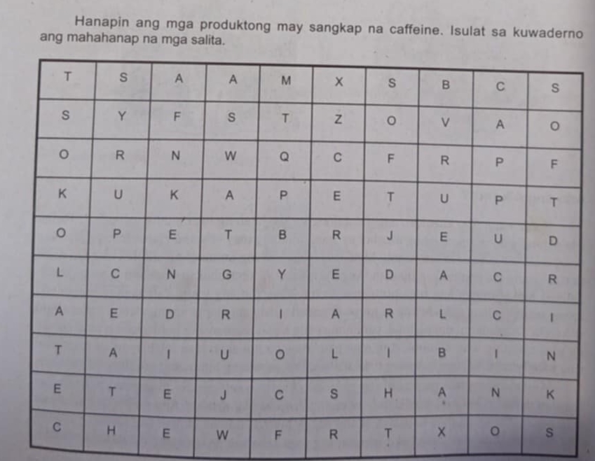 Hanapin ang mga produktong may sangkap na caffeine. Isulat sa kuwaderno 
ang mahahanap na mga salita. 
.