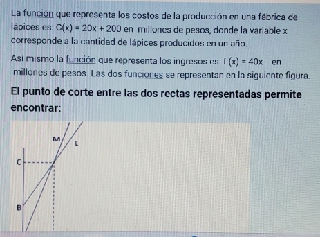 La función que representa los costos de la producción en una fábrica de
lápices es: C(x)=20x+200 en millones de pesos, donde la variable x
corresponde a la cantidad de lápices producidos en un año.
Así mismo la función que representa los ingresos es: f(x)=40x en
millones de pesos. Las dos funciones se representan en la siguiente figura.
El punto de corte entre las dos rectas representadas permite
encontrar:
M
L
C
B