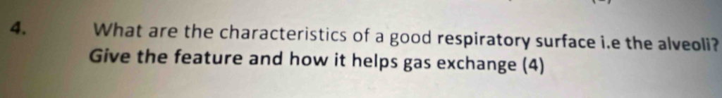 What are the characteristics of a good respiratory surface i.e the alveoli? 
Give the feature and how it helps gas exchange (4)