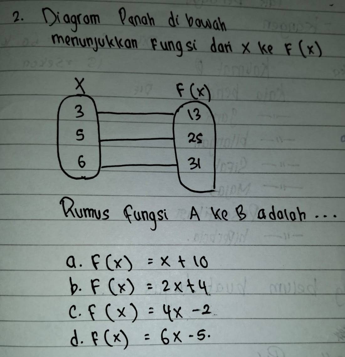 Diagrom Panah di bowah
menunjokkan Fungsi dari x ke F(x)
Rumus fungsi A ke B adaloh. . .
a. F(x)=x+10
b. F(x)=2x+4
C. f(x)=4x-2
d. F(x)=6x-5·