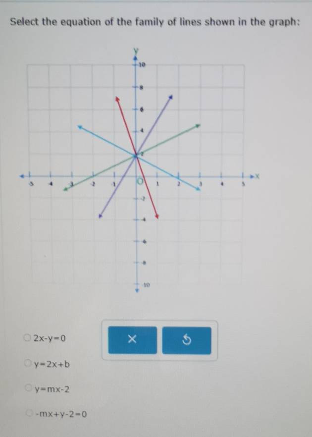 Select the equation of the family of lines shown in the graph:
2x-y=0
×
y=2x+b
y=mx-2
-mx+y-2=0